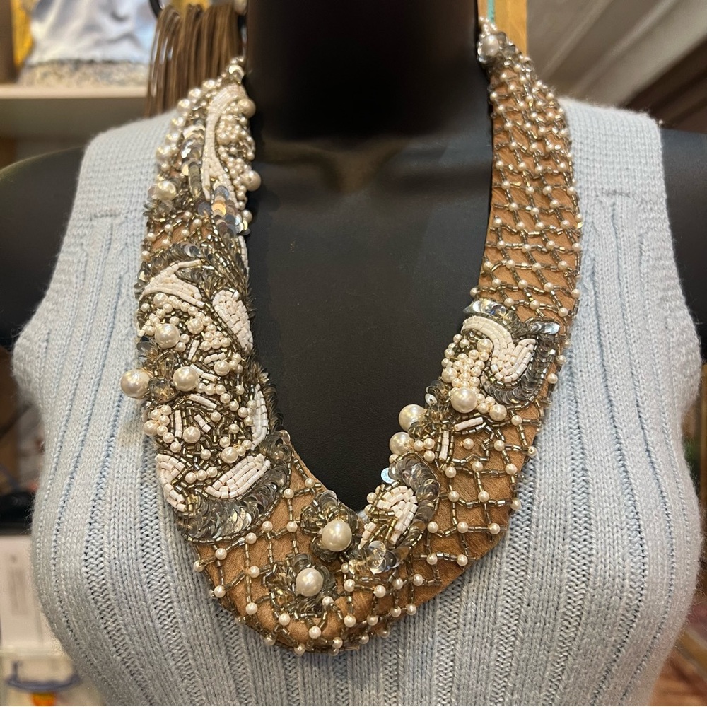 Mignonne Gavigan White and Silver Beaded Sequined Scarf Necklace